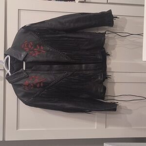 Fringed Black Leather Jacket with Red Roses